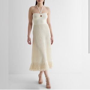 Express Ribbed Halter Neck Fringe Midi Sweater Dress